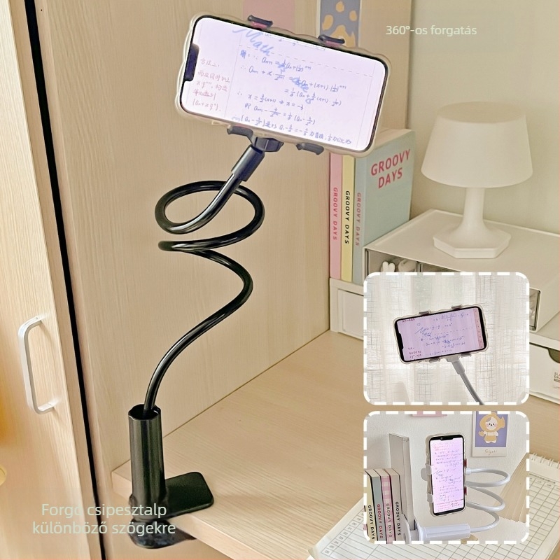 Asztal szélére rögzíthető telefon/tablet tartó, állítható, univerzális, műanyag