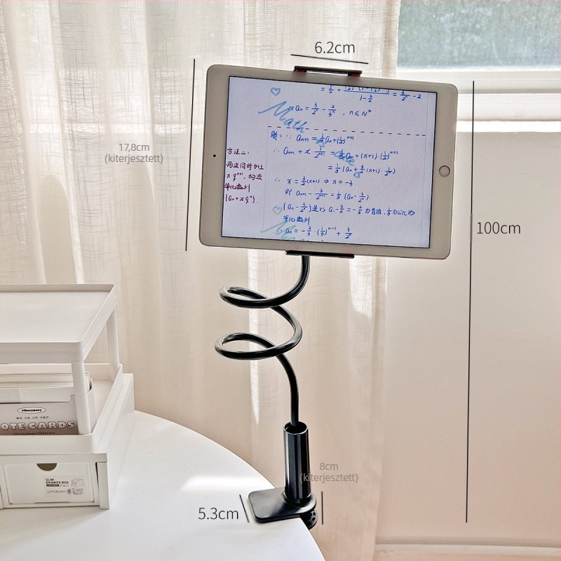 Asztal szélére rögzíthető telefon/tablet tartó, állítható, univerzális, műanyag