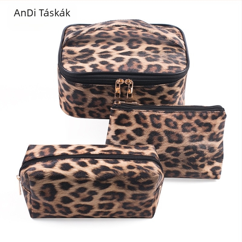 Leopard mintás PU bőr sminktáska, három darabos készlet, vízálló, utazáshoz hordozható