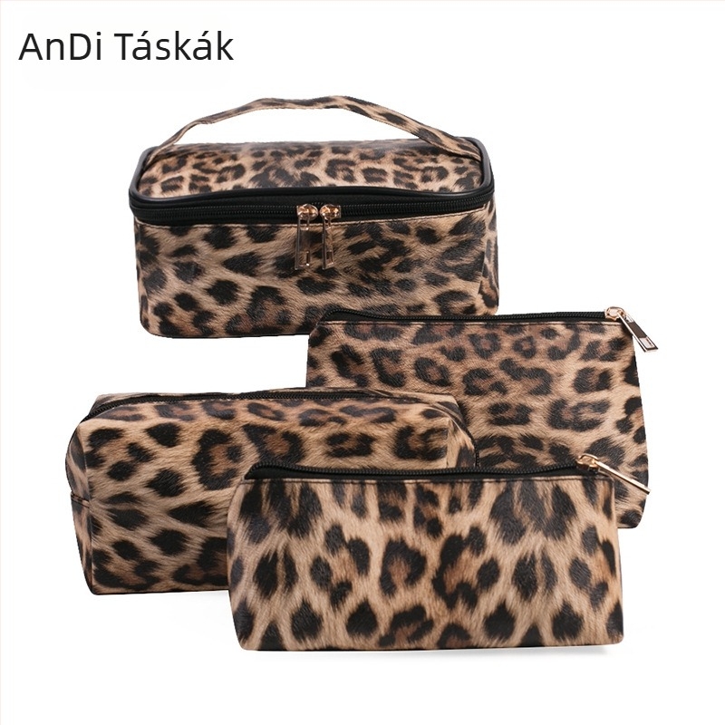 Leopard mintás PU bőr sminktáska, három darabos készlet, vízálló, utazáshoz hordozható