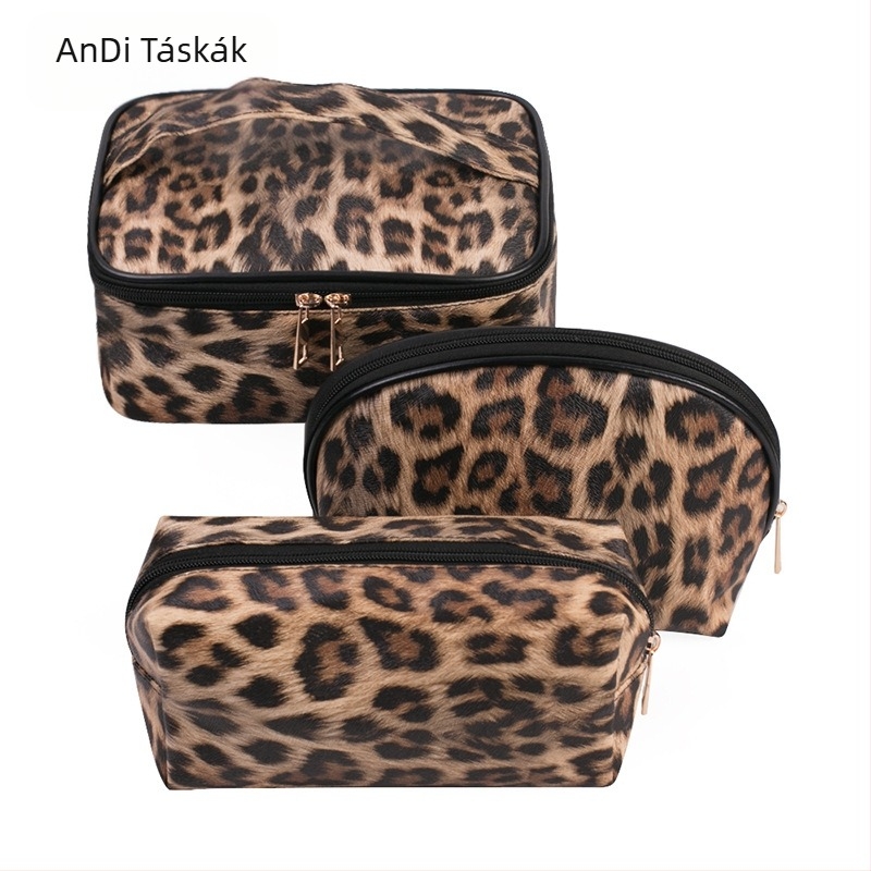 Leopard mintás PU bőr sminktáska, három darabos készlet, vízálló, utazáshoz hordozható