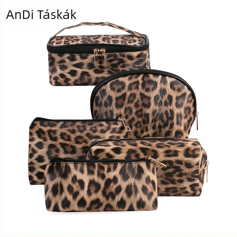 Leopard mintás PU bőr sminktáska, három darabos készlet, vízálló, utazáshoz hordozható