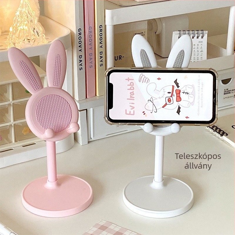 Asztali tartó telefonhoz és tablethez, rajzfilmszerű nyuszi, állítható teleszkópos emelés, műanyag, univerzális modell
