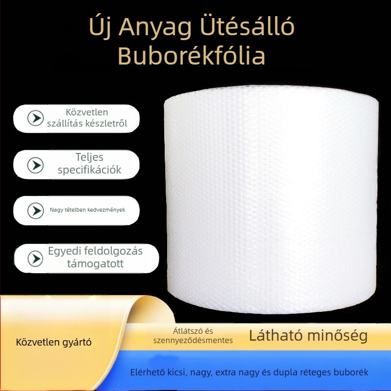 Kétszintes, átlátszó buborékfólia csomagoláshoz; Anyag: PE; Vastagított, kétoldalas fólia; Tartalmaz buborékos borítékot; Nincs logó