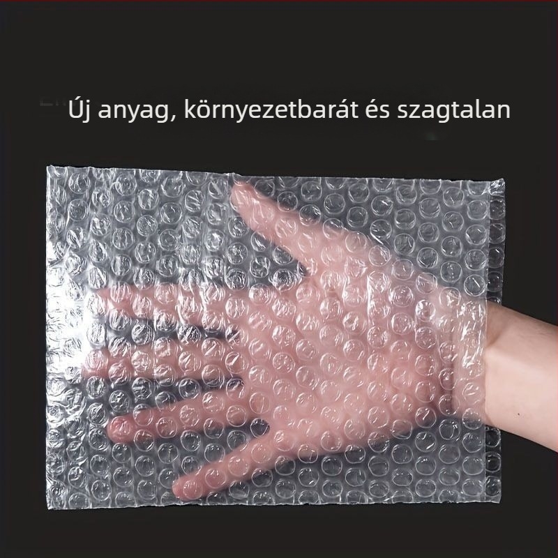 Kétszintes, átlátszó buborékfólia csomagoláshoz; Anyag: PE; Vastagított, kétoldalas fólia; Tartalmaz buborékos borítékot; Nincs logó