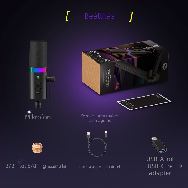 NV7 RGB Gaming USB/XLR dinamikus mikrofon élő közvetítéshez, felvételhez és karaokehoz — kardioid, vezeték nélküli kompatibilitás, SNR ≥ 100 dB