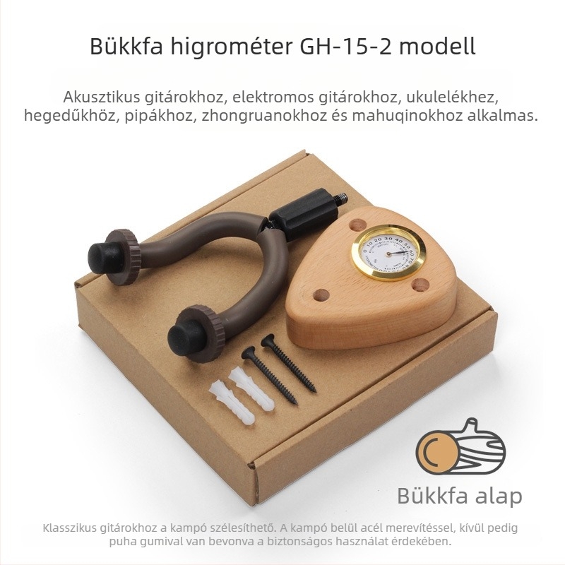 Bükkfa gitár falra szerelhető akasztó nedvesség kijelzővel – gitár, pipa, ukulele és hegedű számára