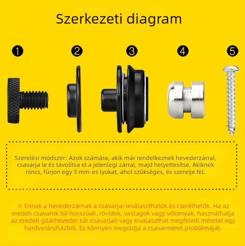 Gitárpánt zár anti-esés funkcióval basszus, folk és elektromos gitárokhoz