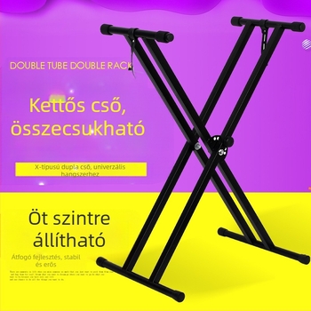 X-keretű, kétszintes elektronikus zongorastand, dupla csővel, kompatibil 61- és 88-billentyűs billentyűzetekkel