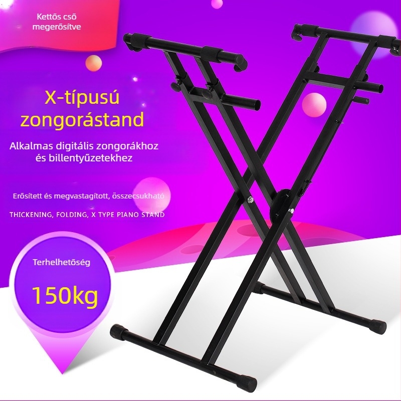 X-keretű, kétszintes elektronikus zongorastand, dupla csővel, kompatibil 61- és 88-billentyűs billentyűzetekkel