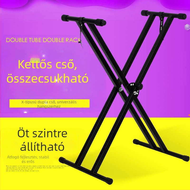 X-keretű, kétszintes elektronikus zongorastand, dupla csővel, kompatibil 61- és 88-billentyűs billentyűzetekkel