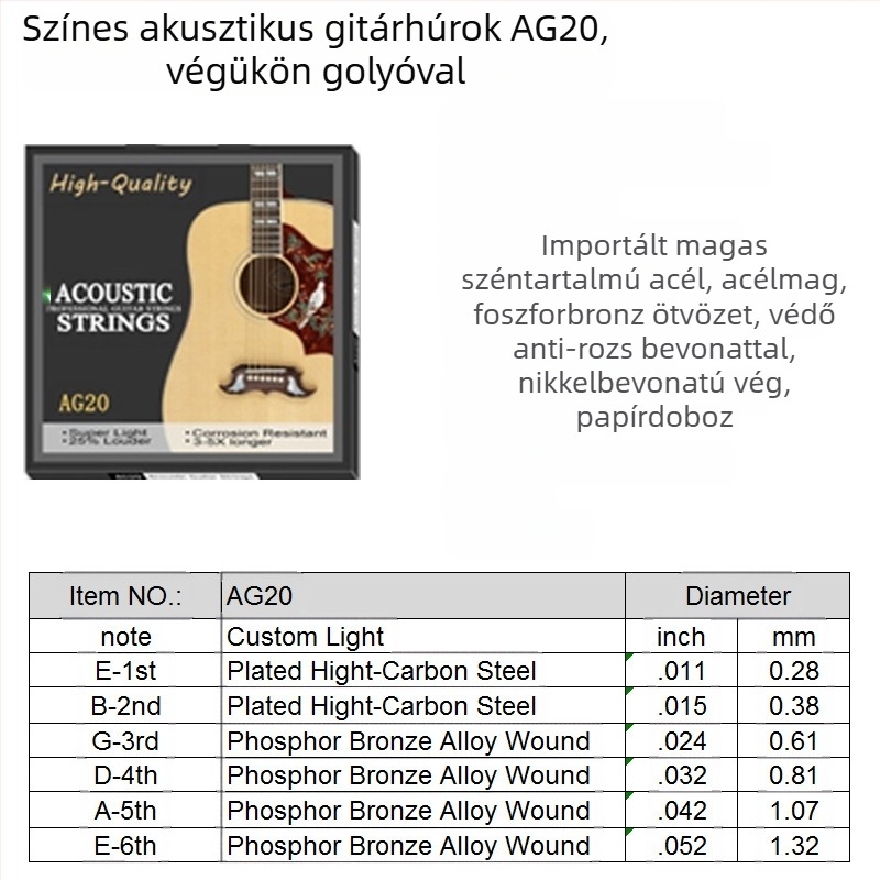 Madina folk gitár húrok – modell AG01/AG20/AG25/AC28; anyagok: vörös réz, sárgaréz, foszforos réz, ezüstös bevonat; csomagolás: zacskóban