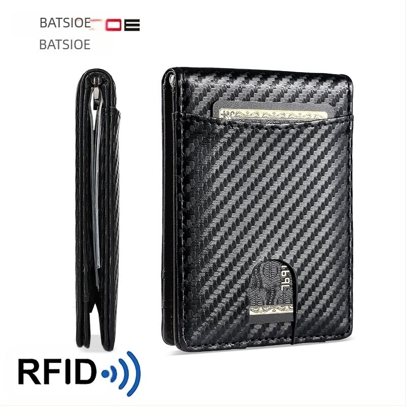RFID-védett pénztárca pénzklip, mikrofiber bőr, szénszálas mintázat, 2024 nyári kiadás