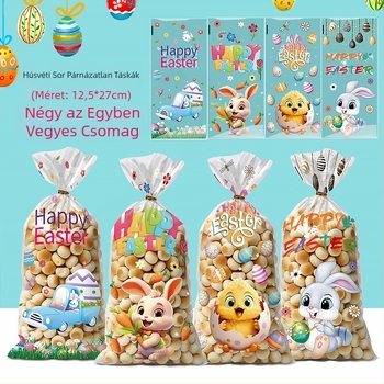 Húsvéti OPP síkzseb táska nyuszi- és tojás mintával, sütemények és édességek csomagolásához; műanyag, logó nélküli nyomtatás, lapos késes vágás; Yiwu kunfa márka