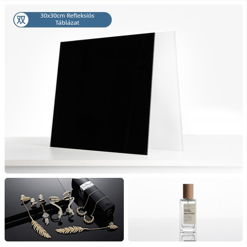 Edzett üveg tükröző háttérlappal termékfotózáshoz; tükröző felület; tömege 200–800 g