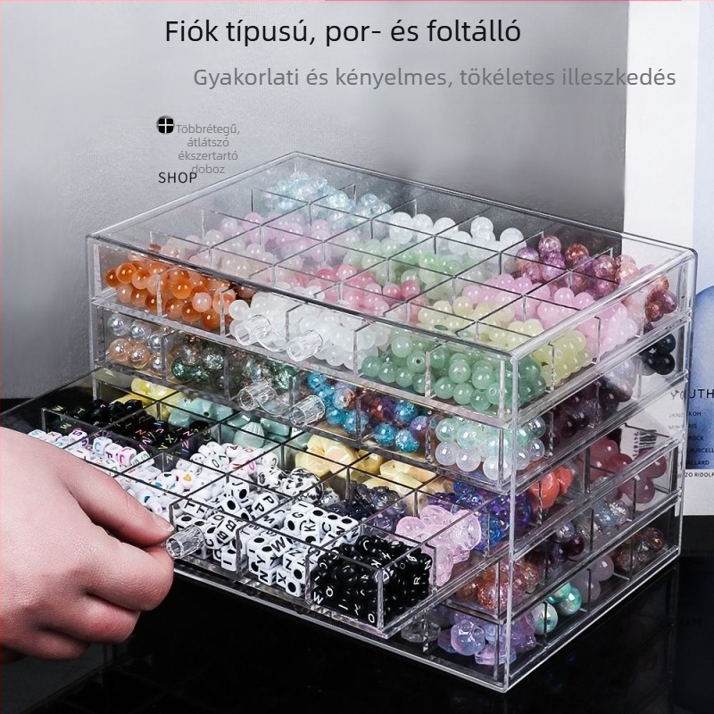Fiókos gyöngy-tároló doboz – több rekesz, műanyag kivitel, ékszerek csomagolása