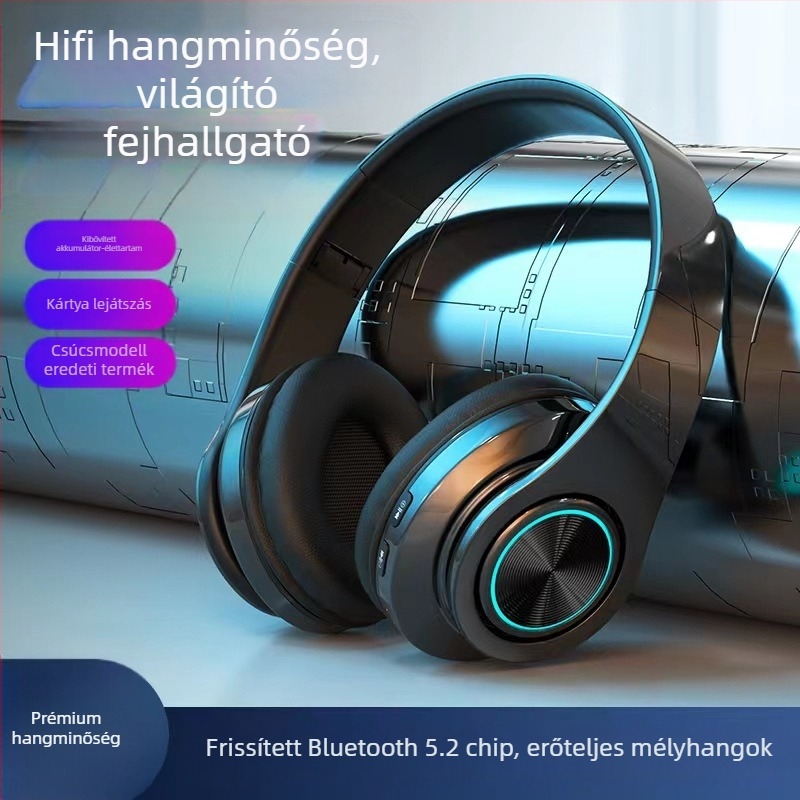 LED világítású vezeték nélküli Bluetooth fejhallgató, erős basszus, Bluetooth 5.2, 10 m hatótávolság, IPX3