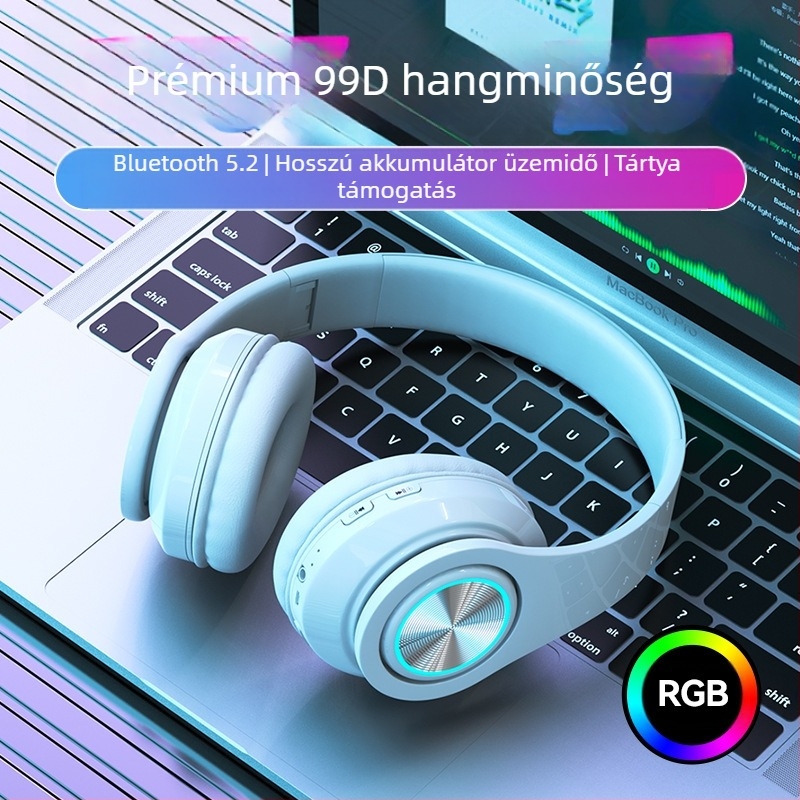 LED világítású vezeték nélküli Bluetooth fejhallgató, erős basszus, Bluetooth 5.2, 10 m hatótávolság, IPX3