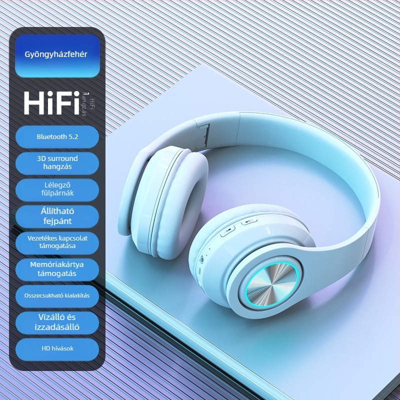 LED világítású vezeték nélküli Bluetooth fejhallgató, erős basszus, Bluetooth 5.2, 10 m hatótávolság, IPX3