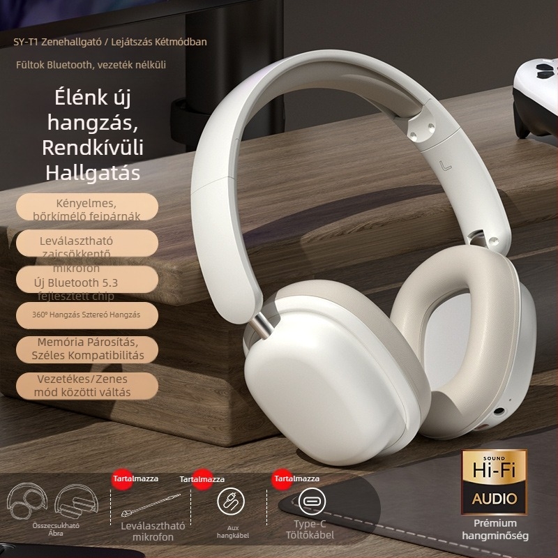 T1 vezeték nélküli fejhallgató fejbandával, Bluetooth 5.3, 10 m hatótáv, 8+ órás akkumulátor, sztereó hang
