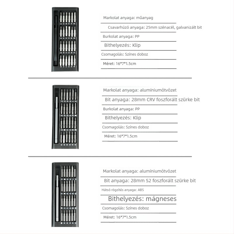 24/63-in-1 precíz csavarhúzó készlet mobiltelefonok javításához, mágneses, S2 ötvözet szerszámacél, súly 0.36