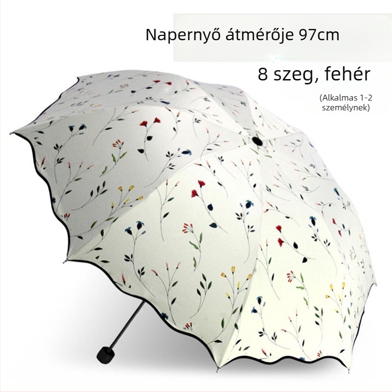 Összecsukható napernyő felnőtteknek — 8 acél bordák, UPF 50+ UV védelem, háromrészes kialakítás, manuális nyitás, tömeg 320 g.
