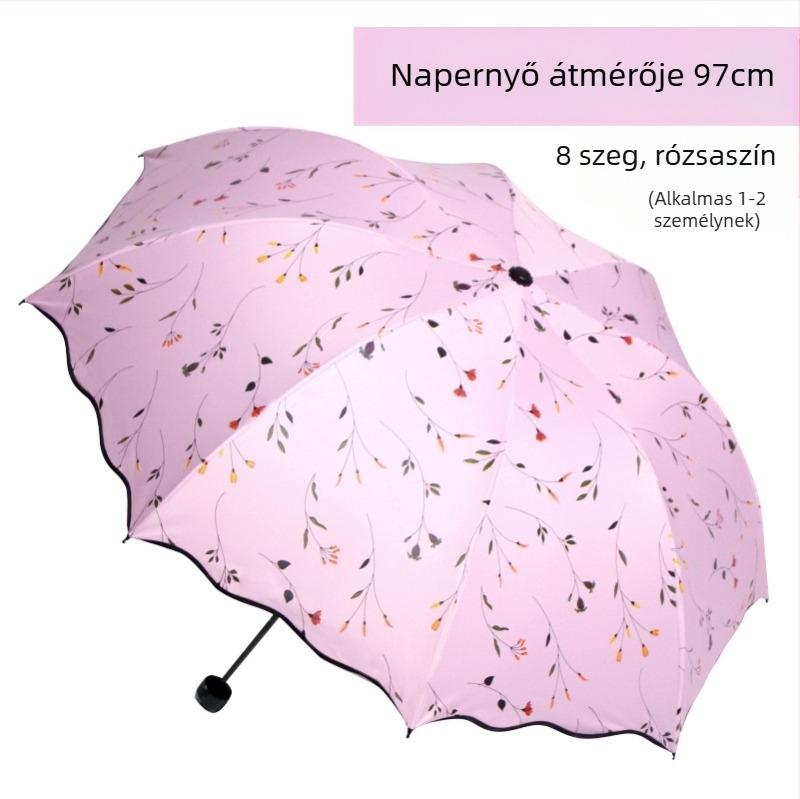 Összecsukható napernyő felnőtteknek — 8 acél bordák, UPF 50+ UV védelem, háromrészes kialakítás, manuális nyitás, tömeg 320 g.