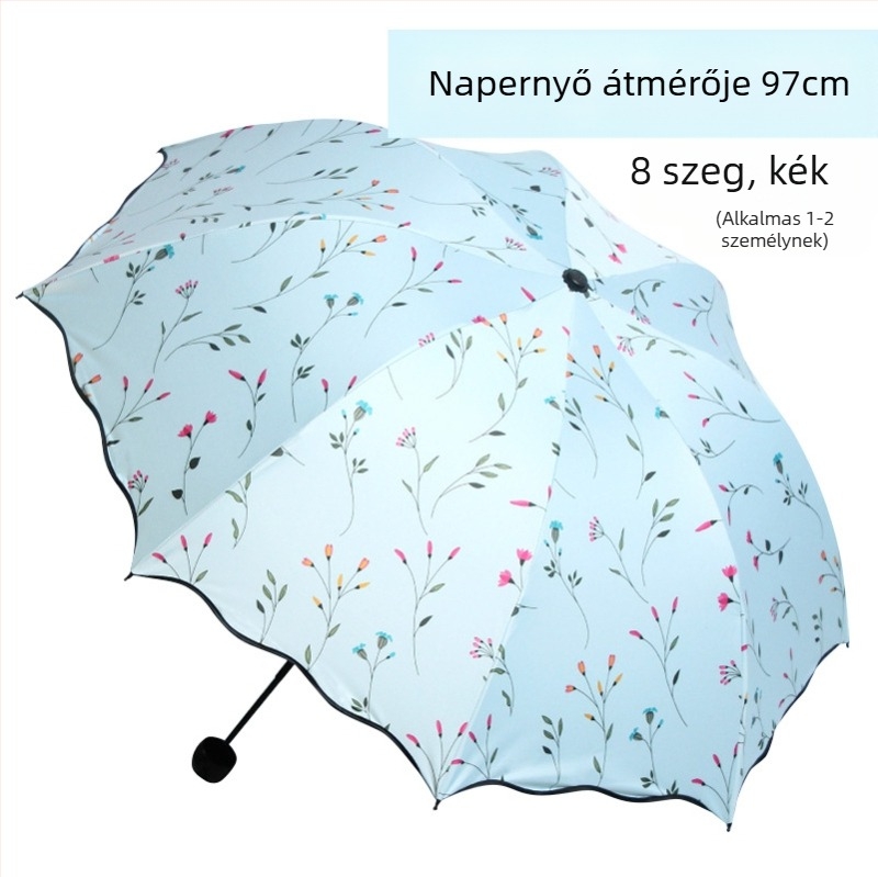 Összecsukható napernyő felnőtteknek — 8 acél bordák, UPF 50+ UV védelem, háromrészes kialakítás, manuális nyitás, tömeg 320 g.