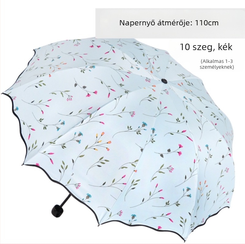 Összecsukható napernyő felnőtteknek — 8 acél bordák, UPF 50+ UV védelem, háromrészes kialakítás, manuális nyitás, tömeg 320 g.