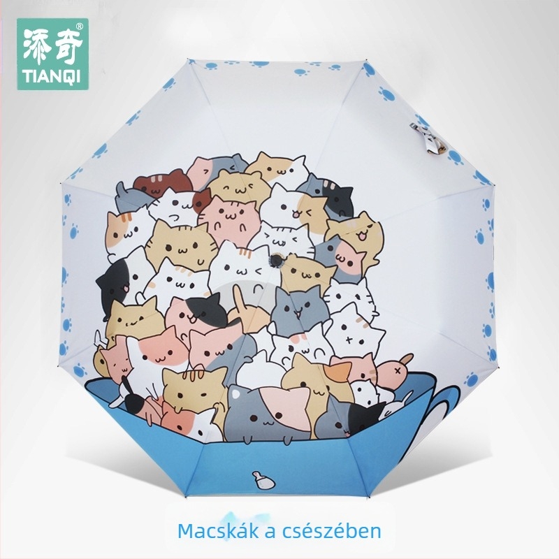 Macska-karikatúra Napsütéses esernyő - 3 részes, kézi nyitás, 8 acél borda, 190T anyag, UPF 40+