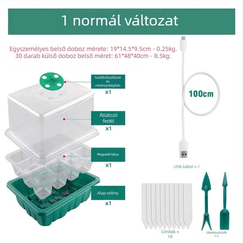 Ültető/ csíráztató doboz – korrózióálló műanyag, 12 rekesz, asztali vagy padlón álló használat, otthoni kertészkedés stílus