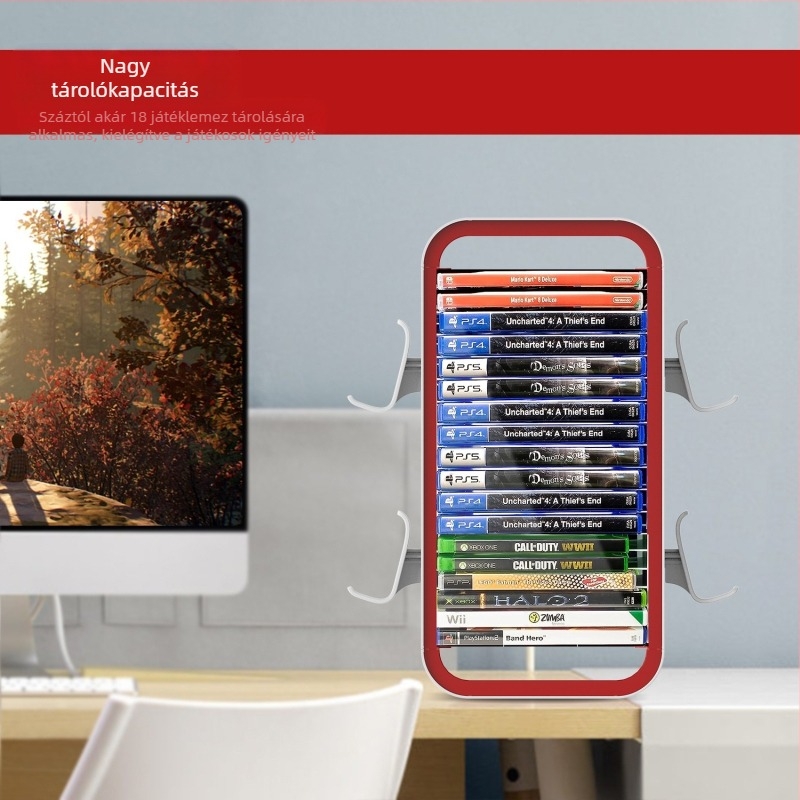 Xbox és PS5 lemezállvány, bambusz anyagból, modell KP06, kompakt lemeztároló keret, tömeg 1059 g