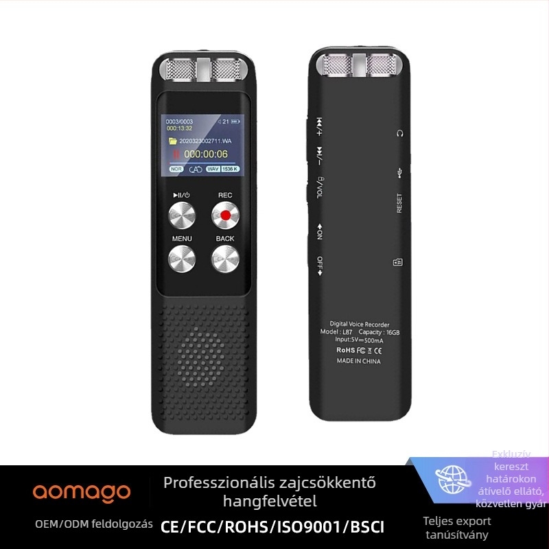 Aomago L87-1 hordozható diktafon diákok és üzleti értekezletekhez – MP3/WAV, felvételi idő 2400, TF-kártya, USB 2.0, színes kijelző