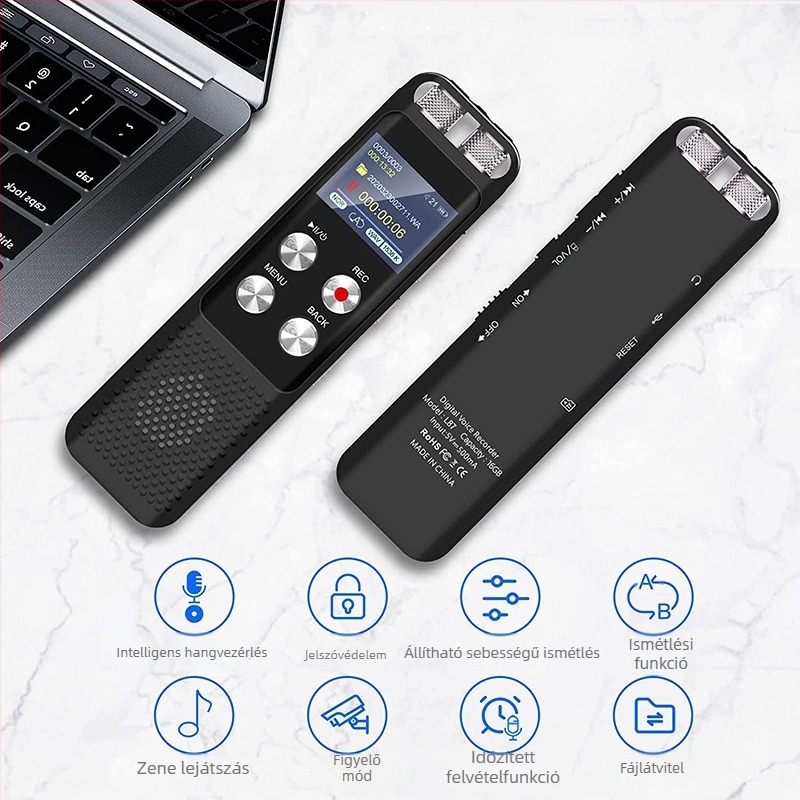 Aomago L87-1 hordozható diktafon diákok és üzleti értekezletekhez – MP3/WAV, felvételi idő 2400, TF-kártya, USB 2.0, színes kijelző