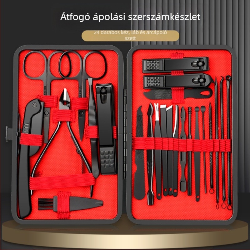 24 darabos manikűr készlet - szénacél és rozsdamentes acél, száraz bőr reszelő, körömvágó eszközök