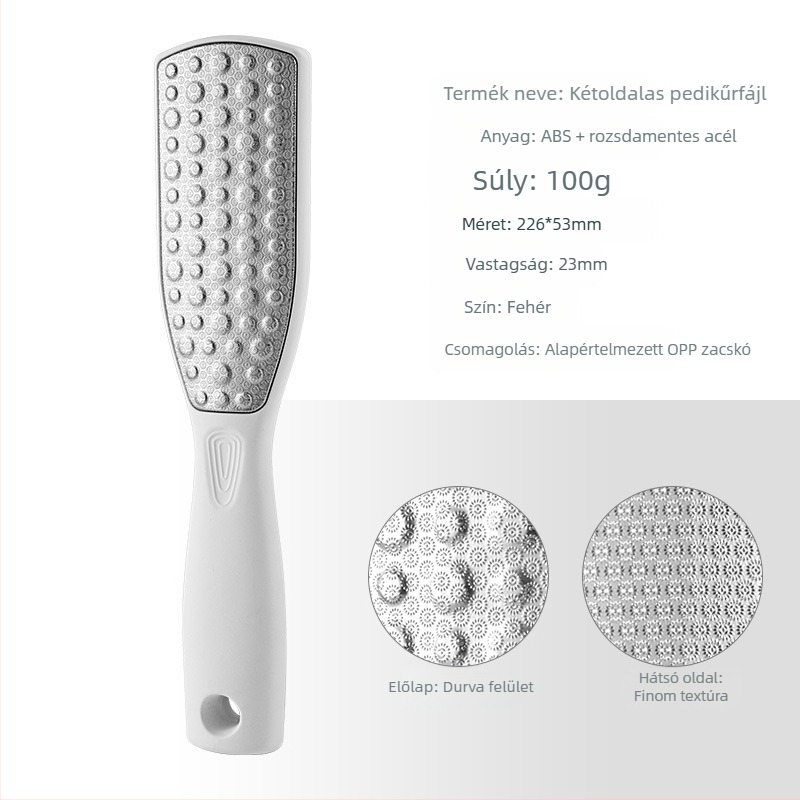 Rozsdamentes acélból készült lábreszelő, kétoldalas, ABS/PP anyag, pedikűr eszköz, modell SKU001362