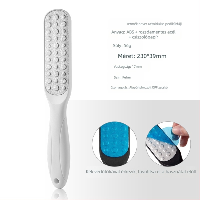 Rozsdamentes acélból készült lábreszelő, kétoldalas, ABS/PP anyag, pedikűr eszköz, modell SKU001362