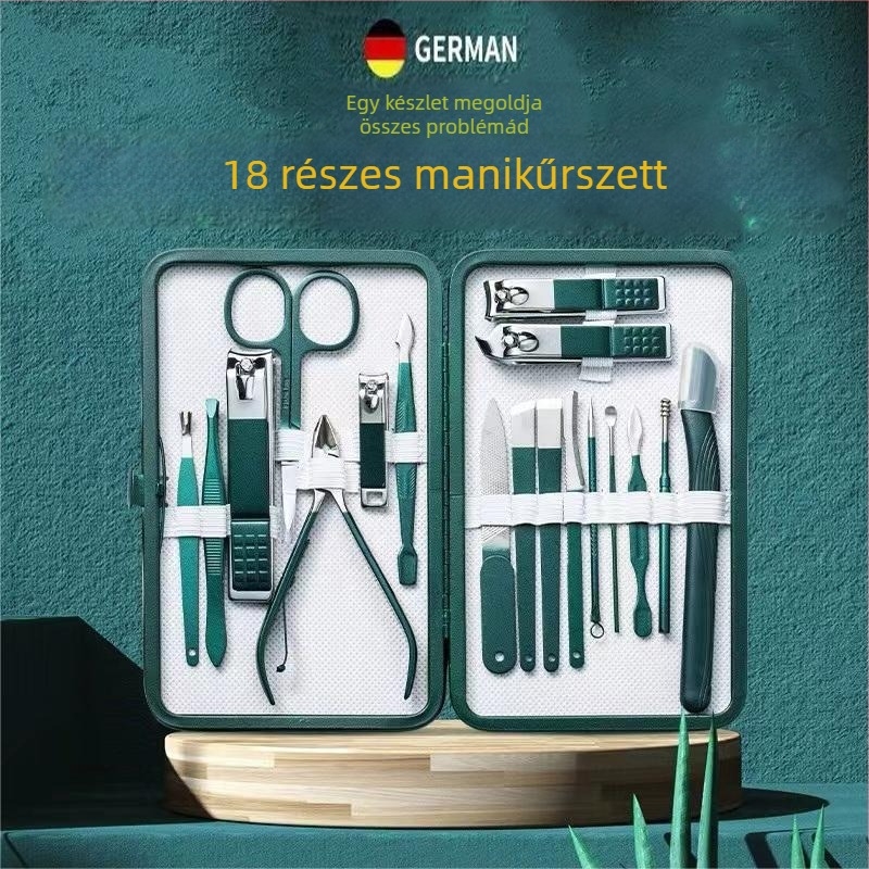 18 részes hordozható manikűr készlet – anyagok: rozsdamentes acél elektropolírozott felülettel és szénacél elemek; dizájn: hordozható, sík száj, ferde kialakítás; tartalmaz multifunkciós csipeszt