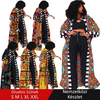 LG001 Afrikai etnikus stílusú női kimono-stílusú kabát, hosszú, nyomtatott geometriai minta, vékony, laza szabás, raglán ujjú, gallér nélküli, Poliészter-Spandex