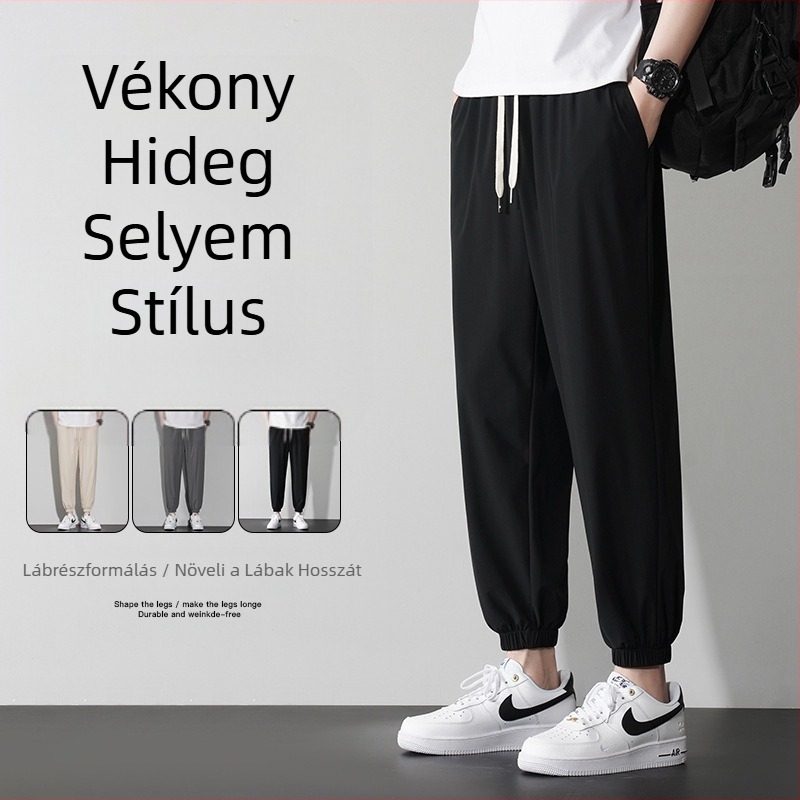 Férfi sportos casual nadrág, egyenes szabású, középmagasságú derék, kötős derék, elasztikus nejlon-keverék