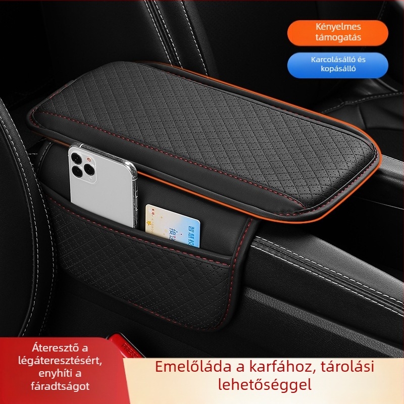 Bőr autókarfa párna, univerzális középső kartámaszhoz, légáteresztő hálós kialakítás, oldalsó zseb, testreszabható feldolgozás