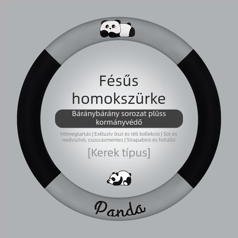 Autó kormánykerék fedél - univerzális illeszkedés; mesterséges plüss; panda dizájn; téli használat; csúszásmentes