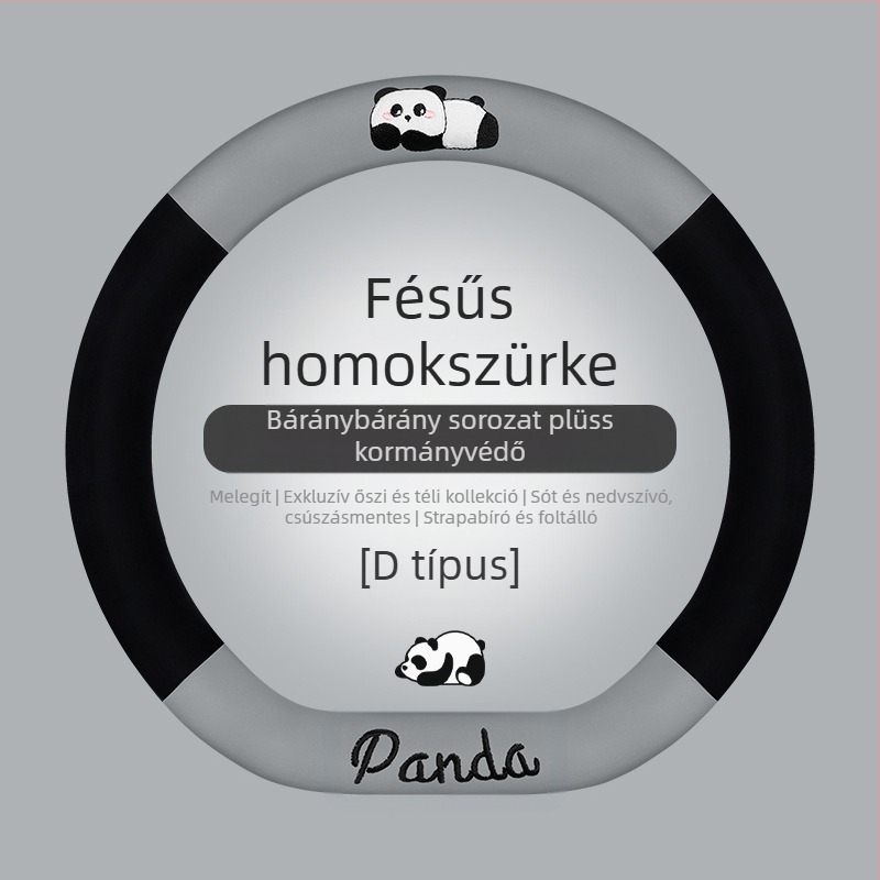 Autó kormánykerék fedél - univerzális illeszkedés; mesterséges plüss; panda dizájn; téli használat; csúszásmentes
