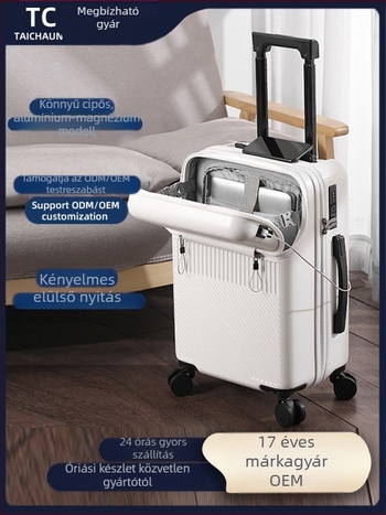 Elöl nyíló kézipoggyász, ABS+PC anyagból, TSA kombinált zár, bővíthető rekesz, nedves-száraz elkülönítés
