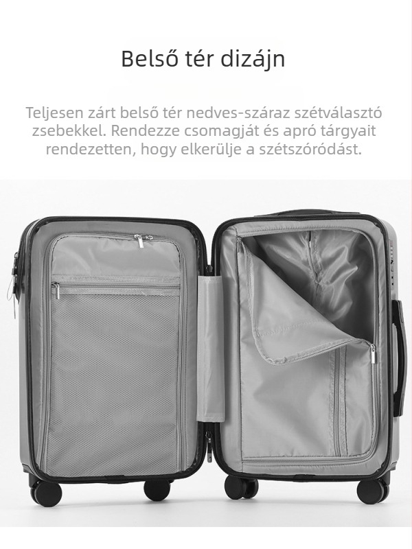 Elöl nyíló kézipoggyász, ABS+PC anyagból, TSA kombinált zár, bővíthető rekesz, nedves-száraz elkülönítés