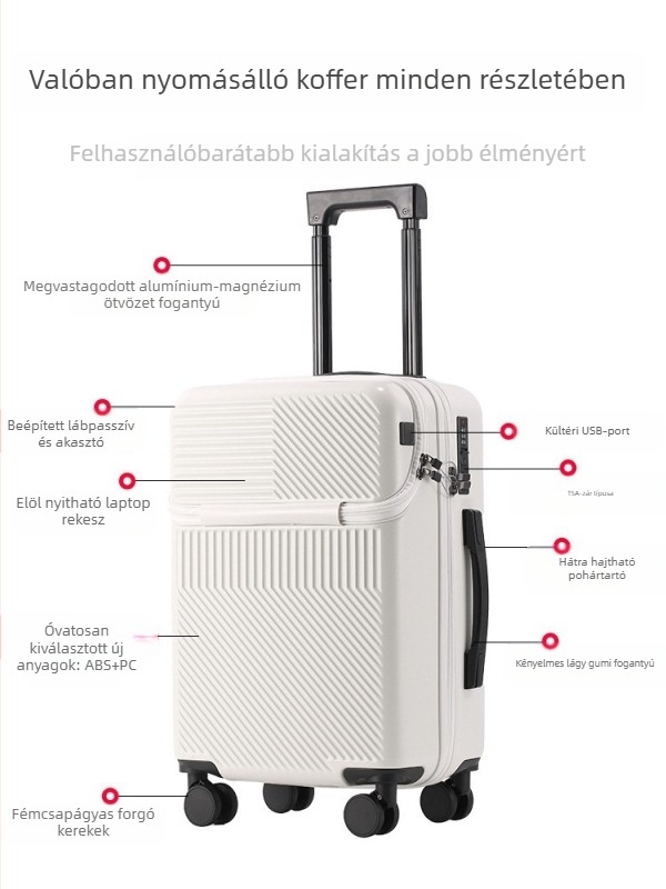 Elöl nyíló kézipoggyász, ABS+PC anyagból, TSA kombinált zár, bővíthető rekesz, nedves-száraz elkülönítés