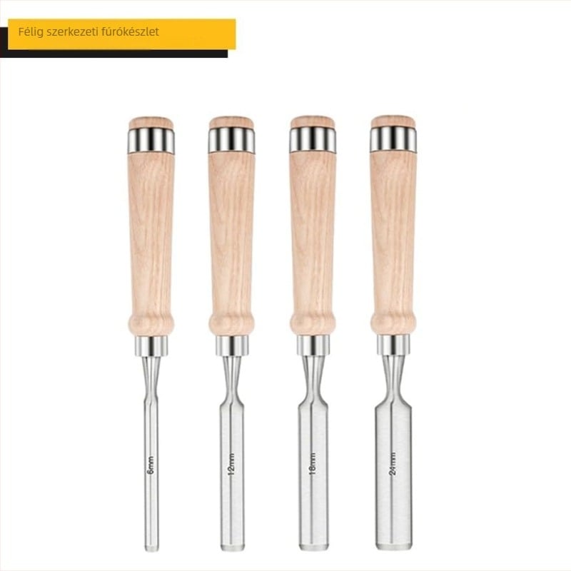 Félkör alakú faragó készlet, 4 darabos, fej szerszámacélból, fa nyéllel, kör alakú fej a faragáshoz