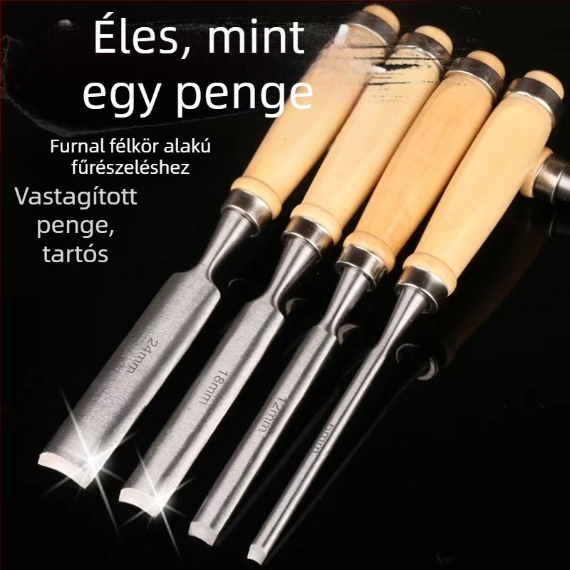 Félkör alakú faragó készlet, 4 darabos, fej szerszámacélból, fa nyéllel, kör alakú fej a faragáshoz