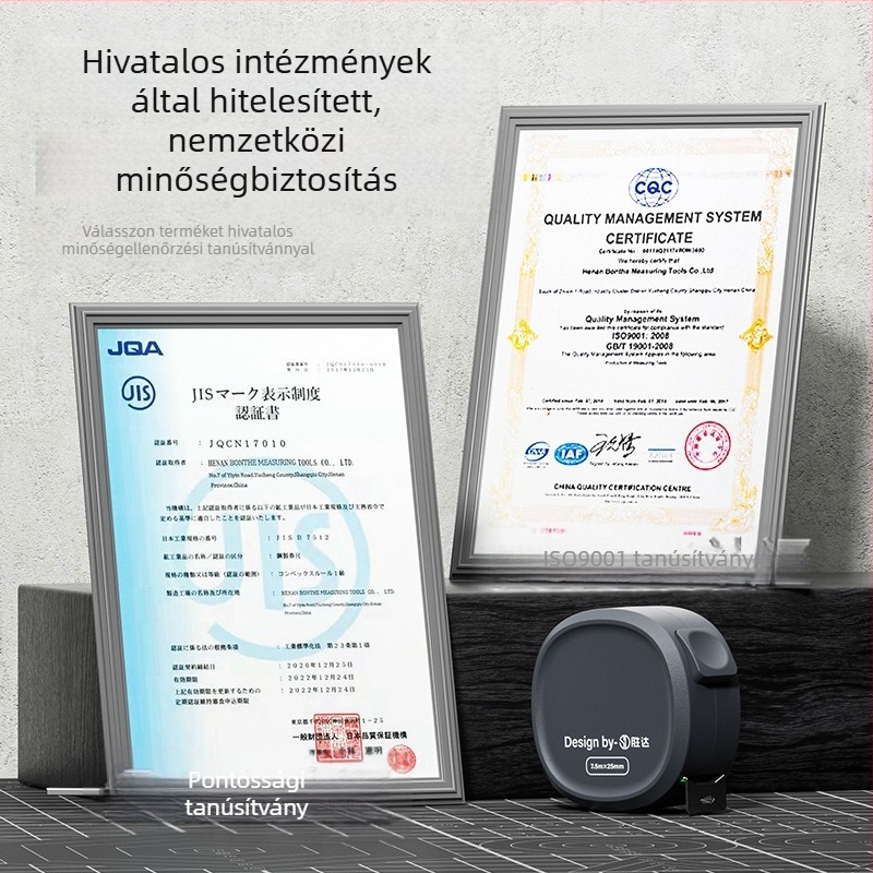 Önzáró mérőszalag acélcsíkkal, megerősített kialakítás, kopásálló tokkal, fluoreszkáló szalag