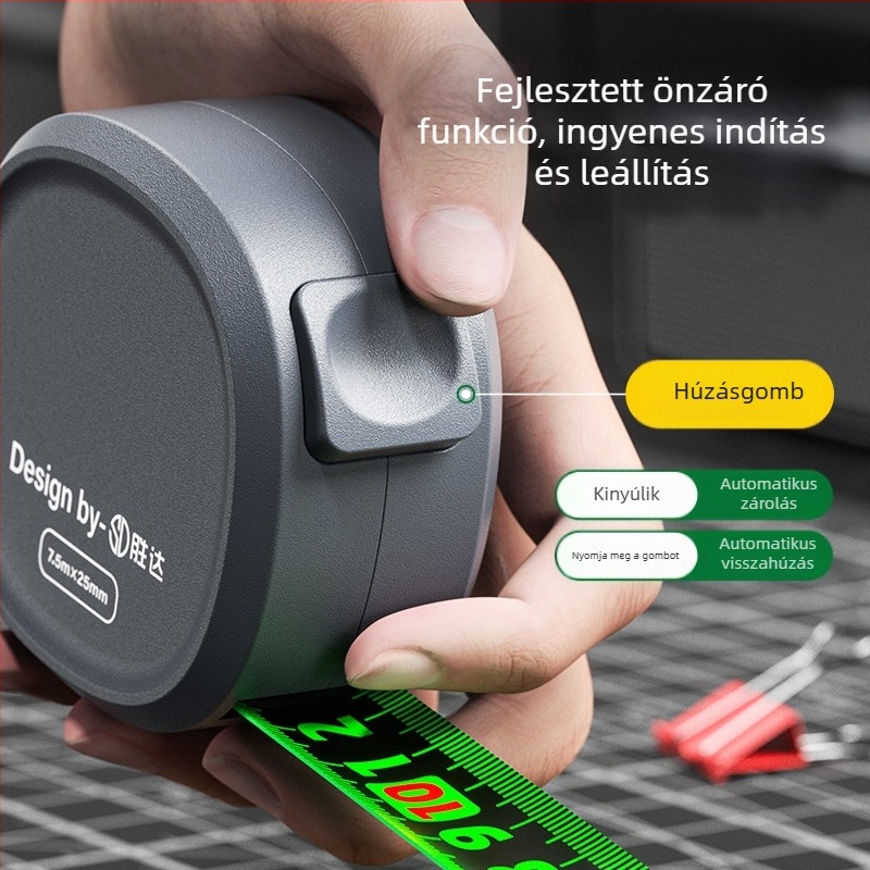 Önzáró mérőszalag acélcsíkkal, megerősített kialakítás, kopásálló tokkal, fluoreszkáló szalag